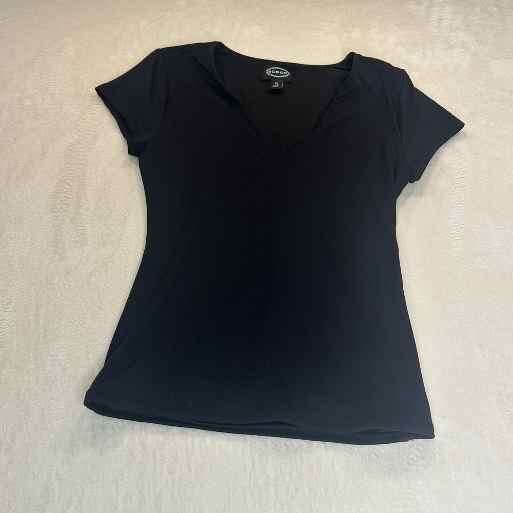 Scoop Womens Black V-Neck Short Sleeve Recycled Nylon Blend Top XS SS2030